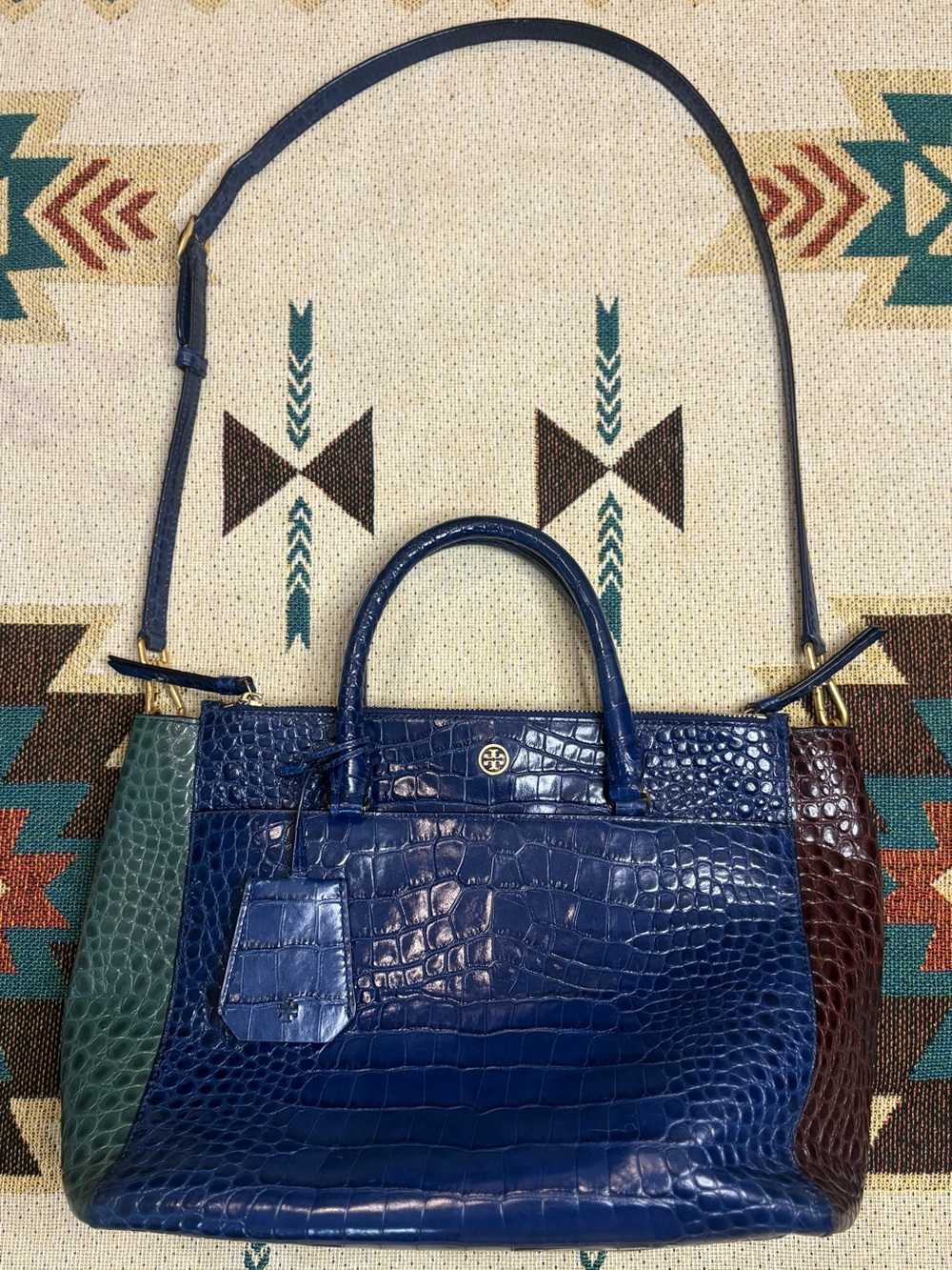 Tory Burch Blue Croc-Embossed Satchel with Green and Brown Panels comes with COA